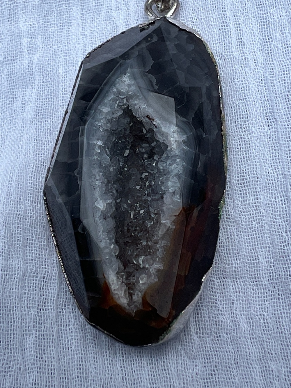 Silver-Edged Black Agate Druzy Geode Pendant
